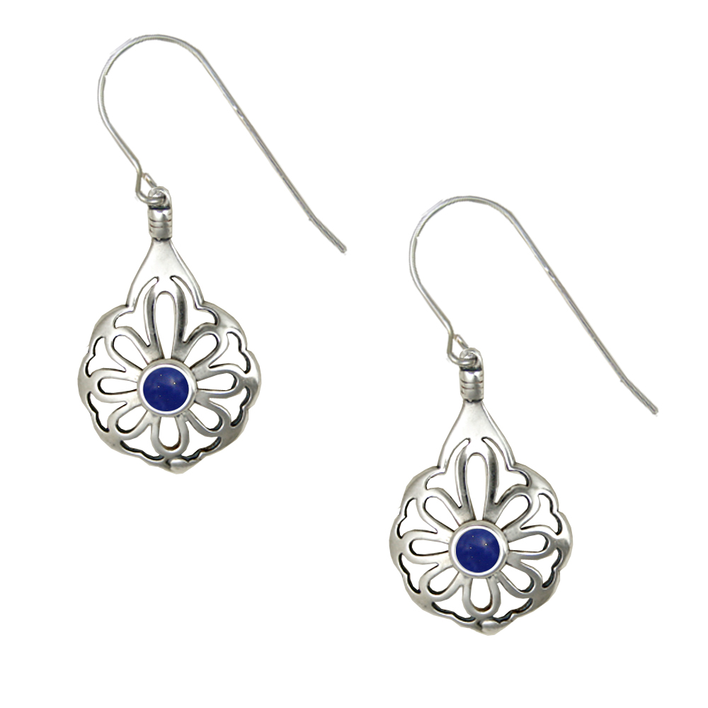 Sterling Silver Drop Dangle Flower Earrings With Lapis Lazuli